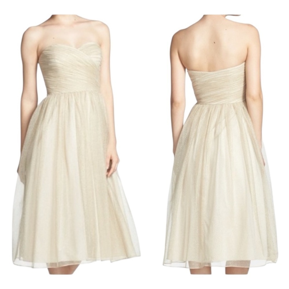 Aidan Mattox Gold Metallic Tulle Strapless Formal Cocktail Dress. Size 0.